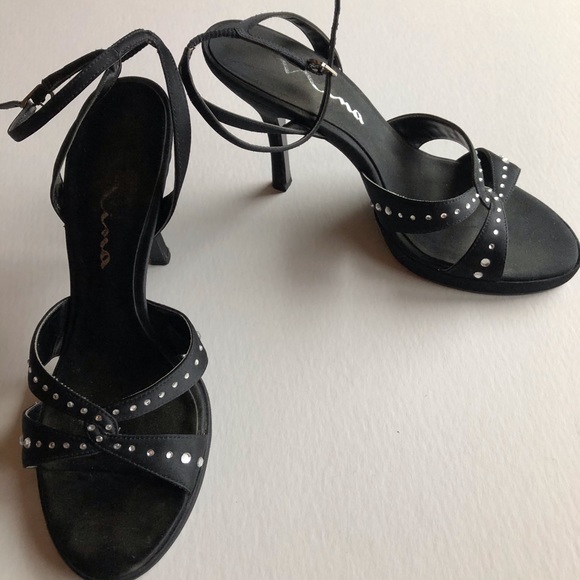 Nina Strappy Sandals Size 8 Black Satin & Rhinestone High Heels - Picture 5 of 9